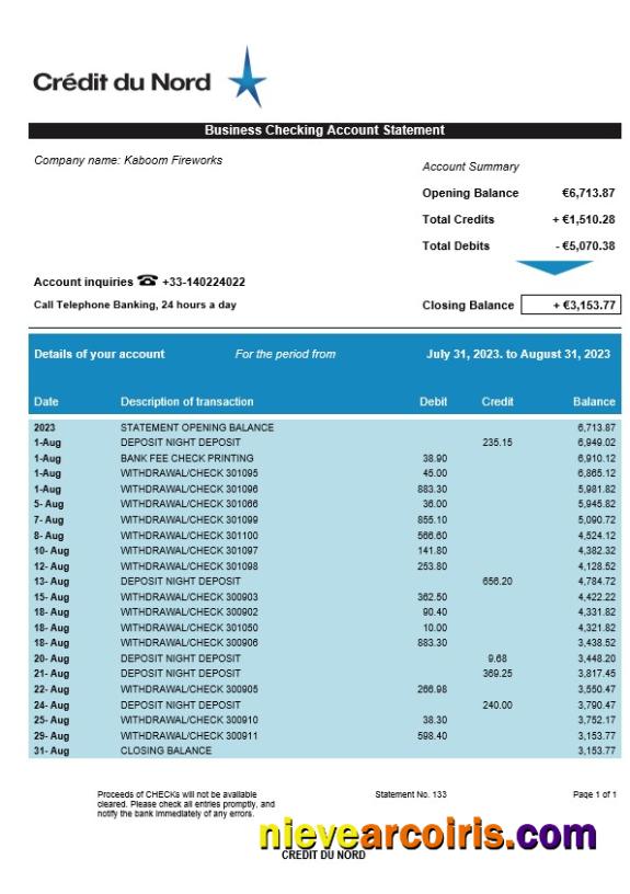 Crédit du Nord enterprise account statement